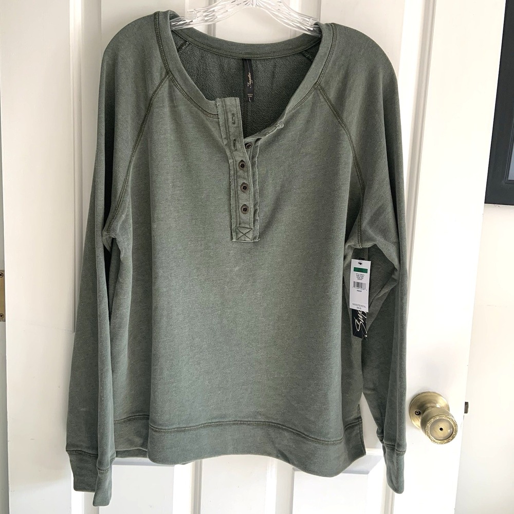 UNIONBAY Womens Elena Mineral Wash Green Long Sleeve Half Button Henley Top sz L